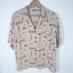 Chicos Design Graphic Button-Up Shirt Size 2 Large Elephant Blouse Short Sleeves